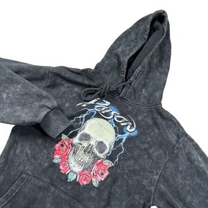 Poison Womens Black‎ Hooded Sweatshirt Skull Acidwash Glam Metal Hoodie Sz XS